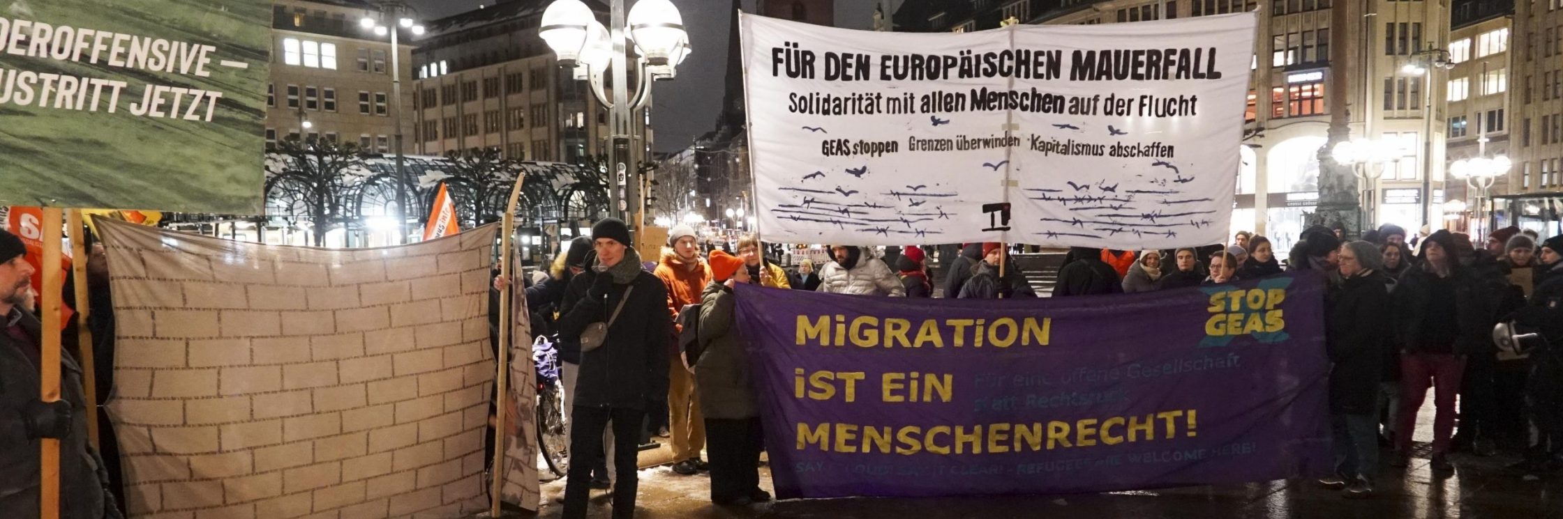Demonstrant*innen protestieren mit Plakaten und Bannern für das Recht auf Migration